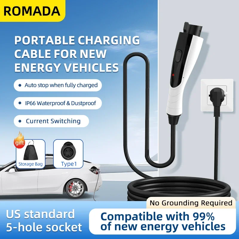 3.5KW 16A Portable EV Charger Type 1 to J1772 With 3m-10m Cable EU Plug Electric Vehicle Charging Cable for Safe Home Charging