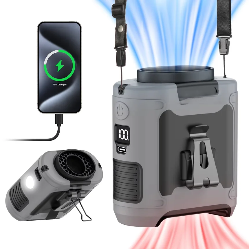 7200mAhWaist Fan Portable Handheld Hanging Neck Fan Ultra-Strong Wind with Phone Charging LED Light for Outdoor Working