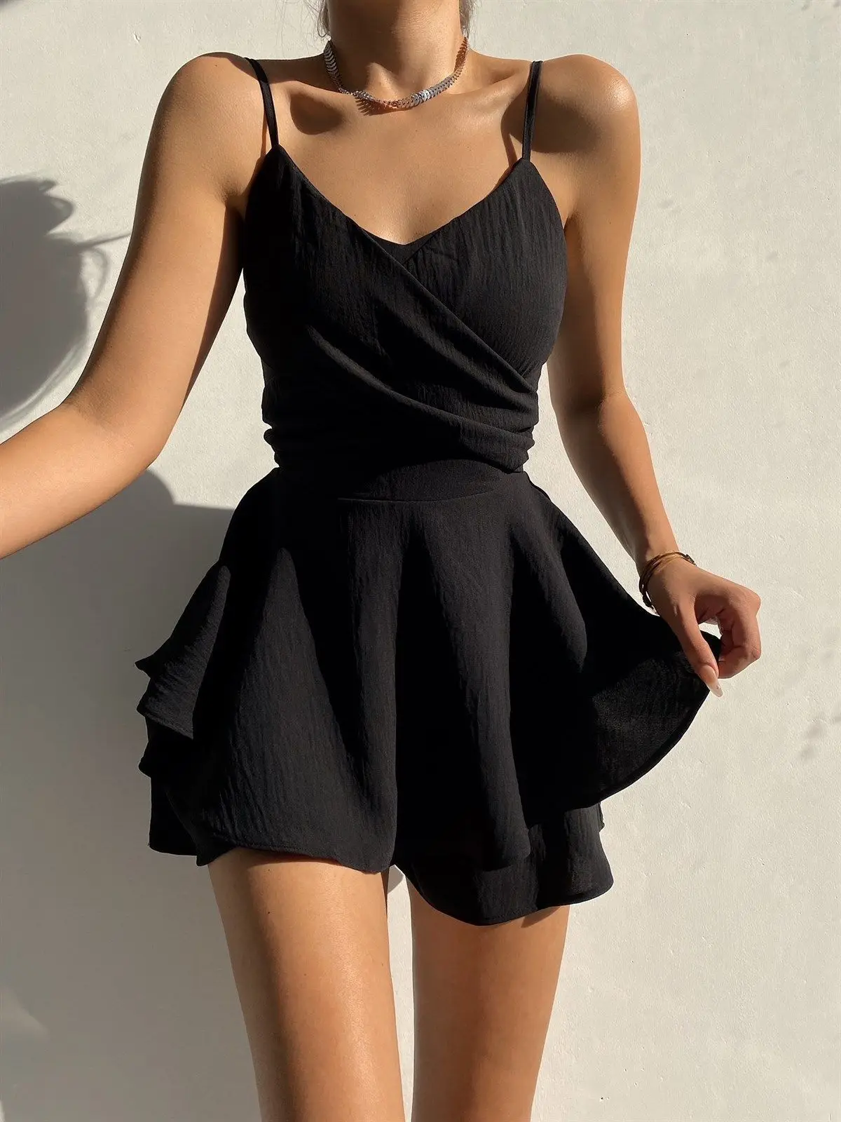 Slim Suspender Strap Sexy Jumpsuits Y2k Solid Ruffles Rompers Summer Casual Threaded Slip Playsuits Female Elegant Clothes Dress