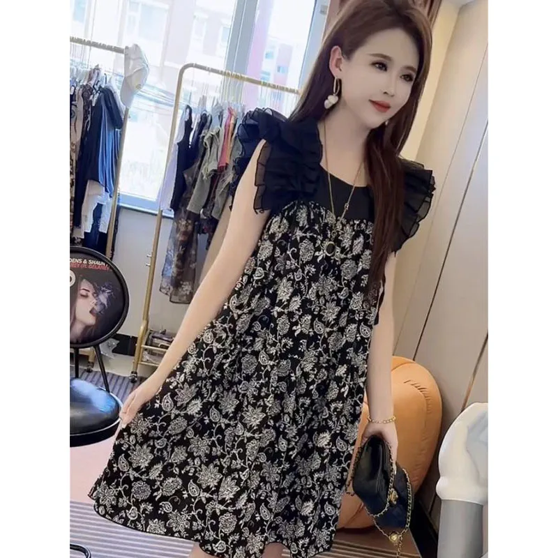 Fashion O-Neck Printed Spliced Ruffles Sleeveless Dress Women's Clothing Summer New Loose Office Lady Floral Dress