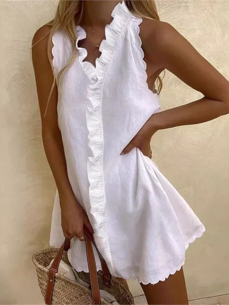Summer New Casual Cotton And Linen White Dress Women V Neck Ruffles Sleeveless Elegant Boho Beach Party Mini Dresses Female Robe