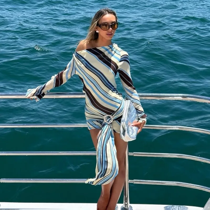 Lady Long Sleeve Striped Dress High Waist Stretch Beach Daily Casual Lace Up Soft Mini Dresses 2026 Fashionable Vacation Gowns