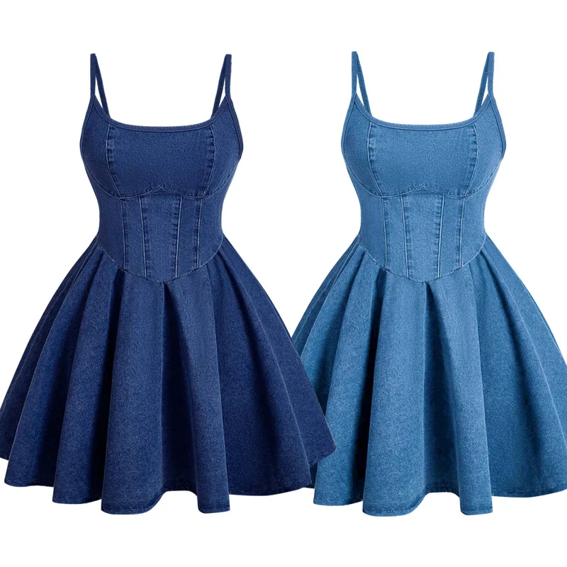 Women Cami Pleat Dresses Denim Solid Dress A Line Mini Lenth Strapless Sleeveless Waist Cinch Casual Office Lady 2026 Summer