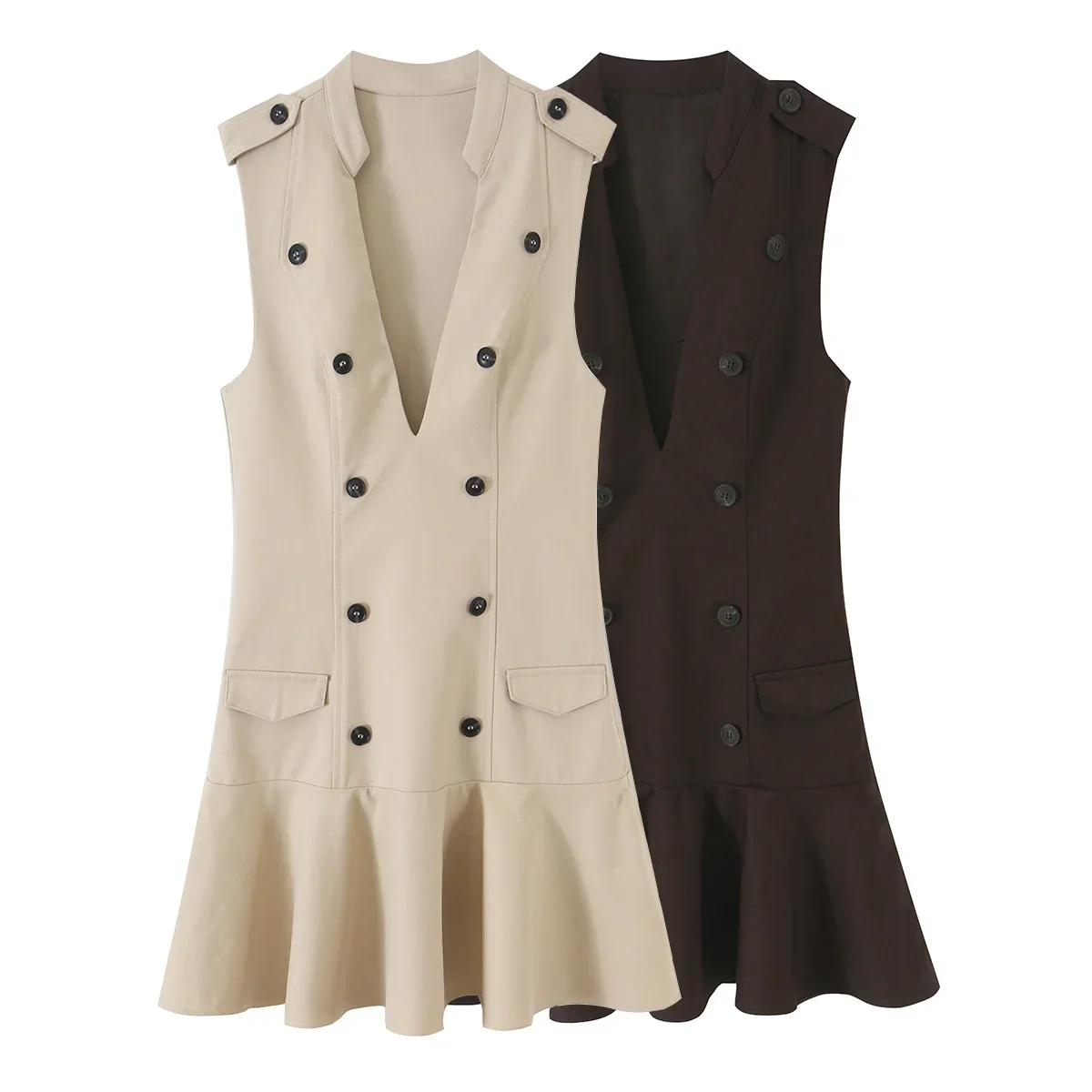 Women Brown Double Breasted Blazer Mini Dress Sleeveless V Neck Epaulette Flounce Hem Short Dress French Chic Office Vestidos