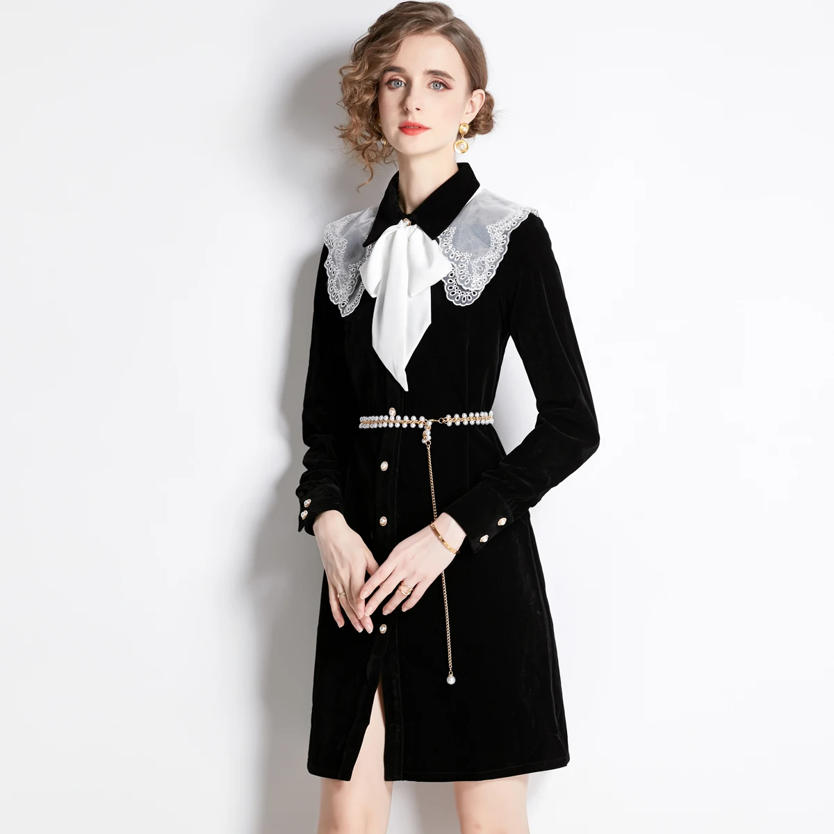 Autumn Winter Elegant Black Thick Velvet Dress Women Clothing Long Sleeve Mesh Bow Single Breasted Beaded Belt Party Vestidos