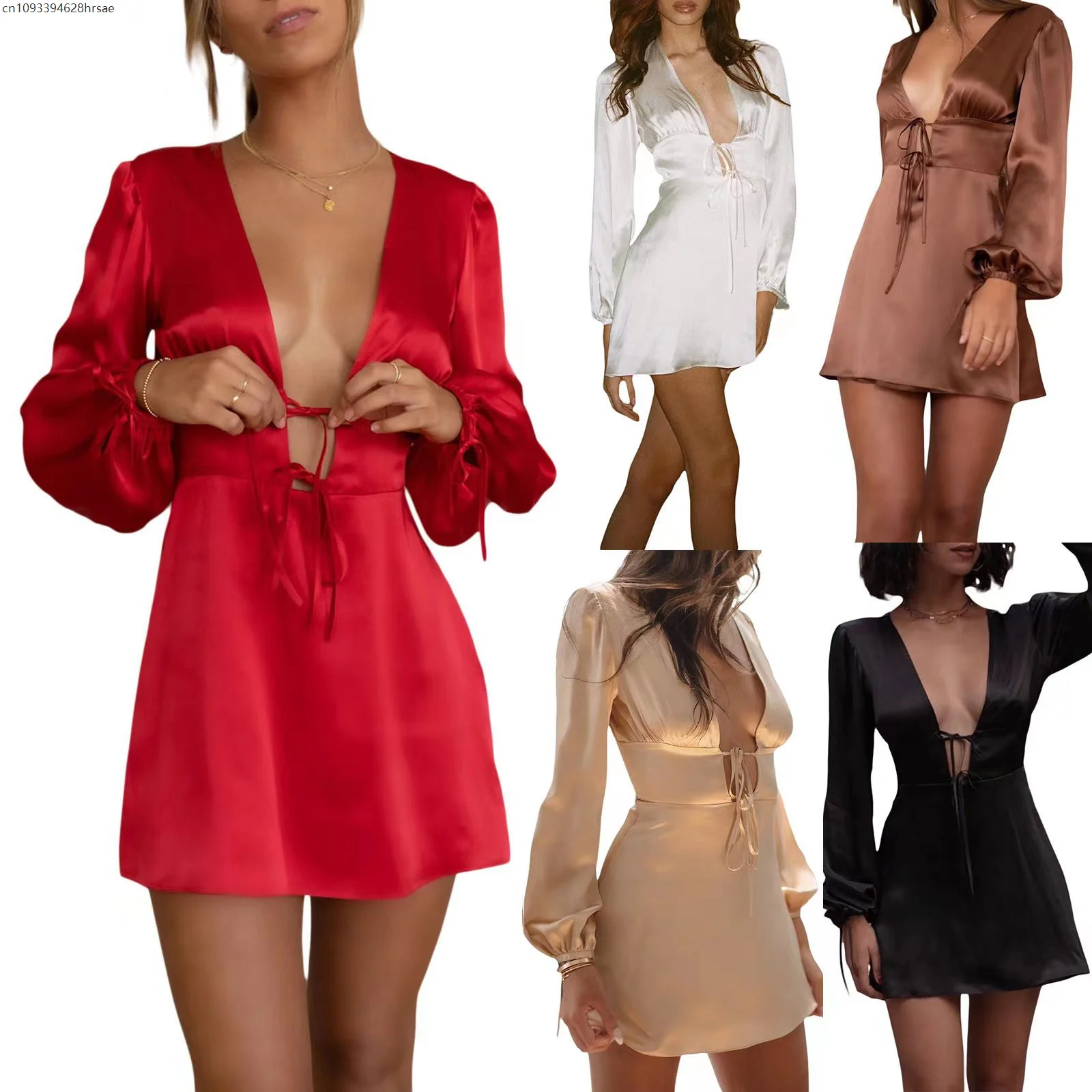 White Dress for Women Deep V Neck Sexy Lace-Up Long Sleeve High Waist Slim Fit Mini Shirt Dress Office Lady 2025 Spring