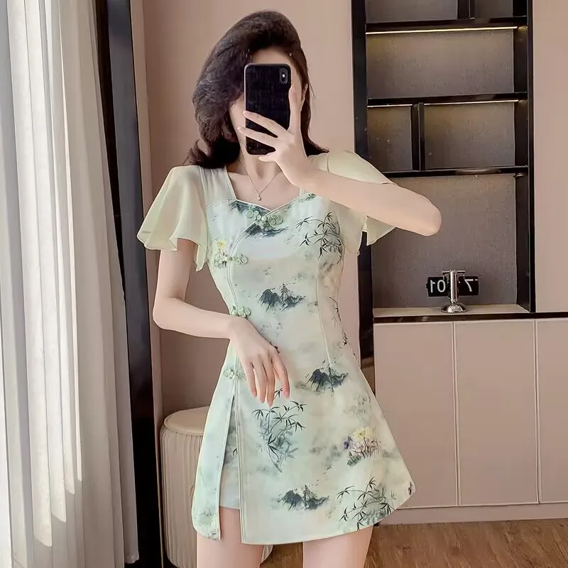 Summer Chinese Style Sweet Cheongsam Two-Piece Set Temperament Dress and Shorts New Improved Fashion 2 piece sets woman outfit