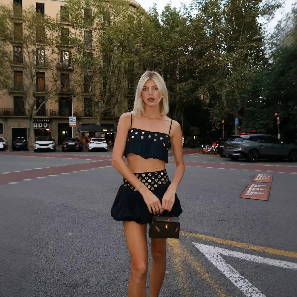 Women's Metal Hollow Pleated Suspender Skirt Two Piece Set Sexy Sleeveless Vest High Waist Mini Skirt Lady Vacation Dress Sets
