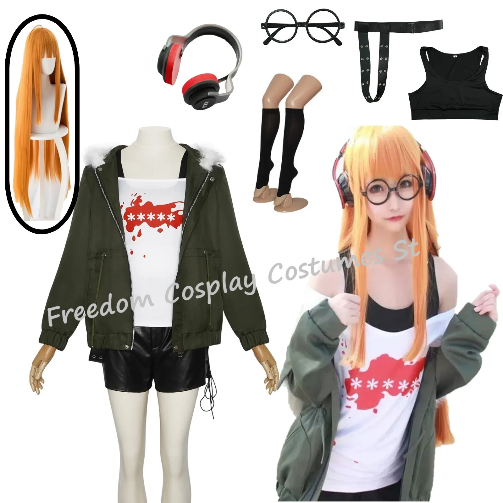 Futaba Sakura Cosplay Costume wig Women halloween Full Set Uniform Suit Casual Coat Shirt Glasses Headphones anime cosplay