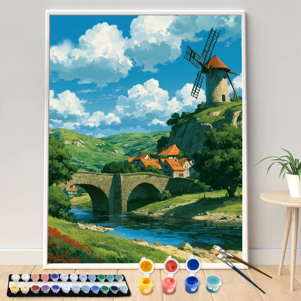 Digital Acrylic Painting Kit DIY Windmill Village Art Canvas Hand Painted Home Decor Personalized Surprise Gift