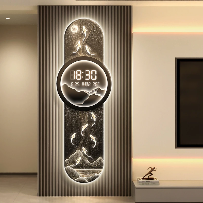 LED Wall Clock Nine Fish Picture Living Room Electronic Clock Temperature With Date Digital Clock Corridor Home Decoration