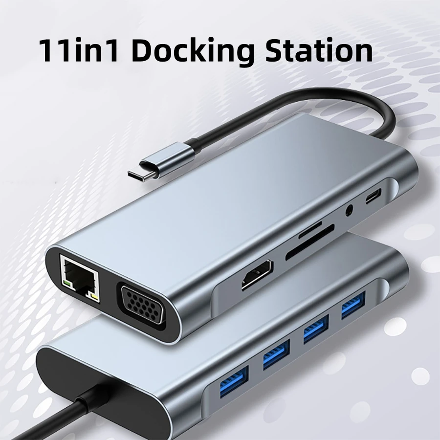 11-in-1 USB C Hub Thunderbolt 3 Laptop Docking Station with 100Mbps Ethernet, 4K UHD, VGA, 3.5mm, USB, PD100W, TF/SD Card Reader