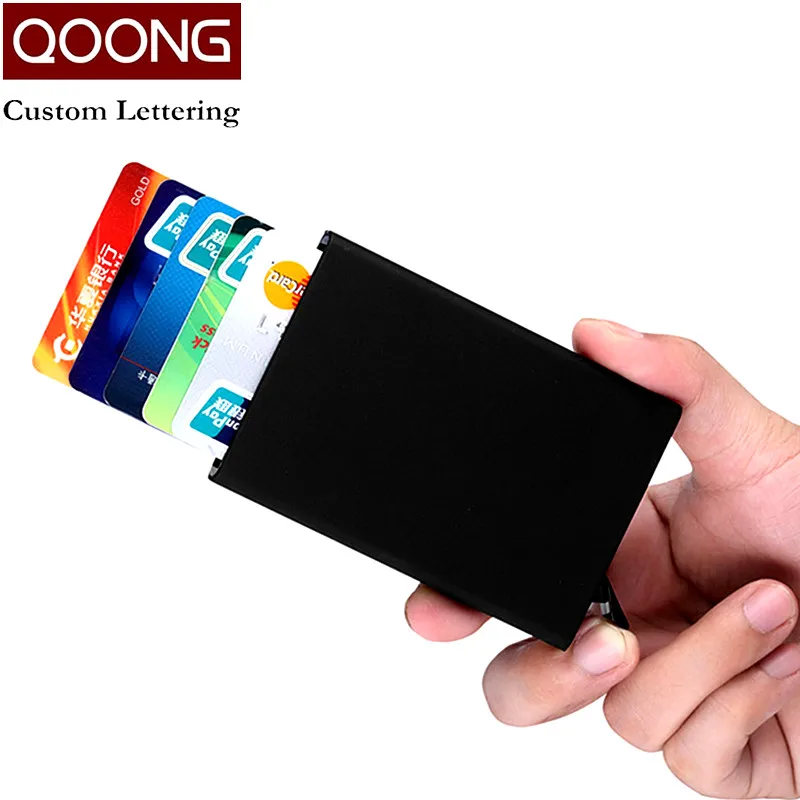QOONG High Quality Men Women Metal Credit Card Holder Automatic Pop Up Card Sets Business Aluminum Card Wallet Passport Holder