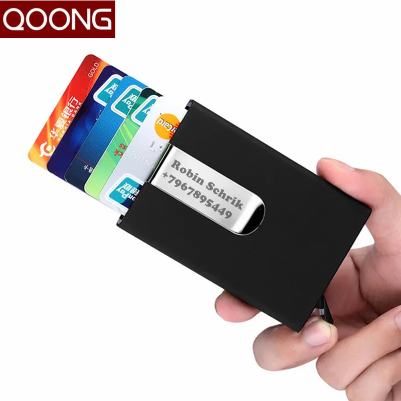 QOONG Travel Card Wallet Automatic Pop Up ID Credit Card Holder Men Women Business Card Case Stainless Steel Metal Clip 1-005