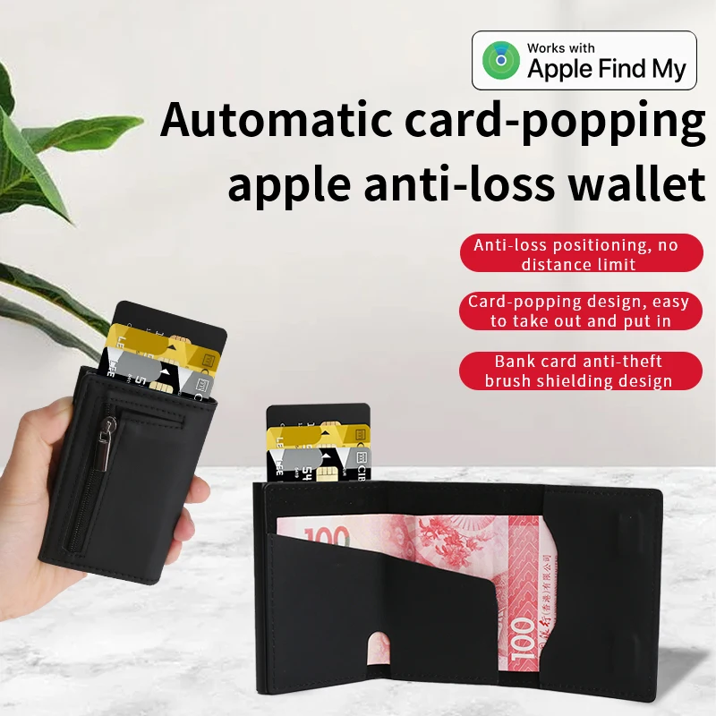 Smart Wallet with Zipper Coin Purse Automatic Pop-up Metal Credit Card Holder work with find my APP wallet Air Tag Tracker