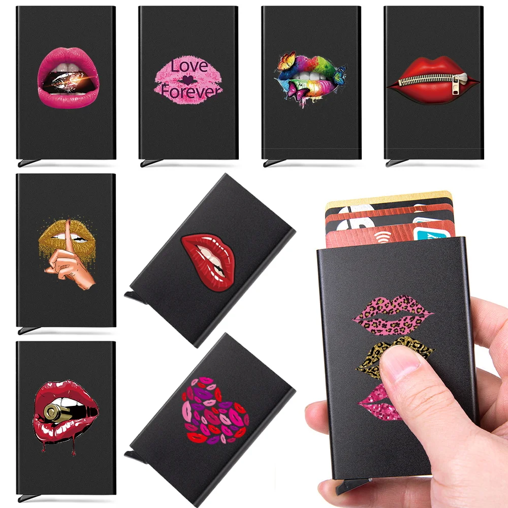 Slim Aluminum Wallet with Elasticity Back Pouch ID Credit Card Holder Mini Wallet Automatic Pop Up Bank Card Case Mouth Pattern