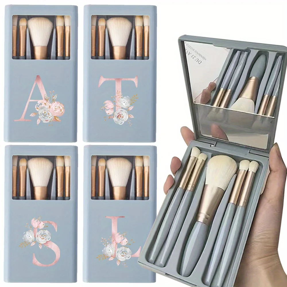 5PCS Long Premium Makeup Brush Set Dustproof Makeup Brush Box Bring Mirror Beginners Beauty Tool Pink Flower Letter Pattern