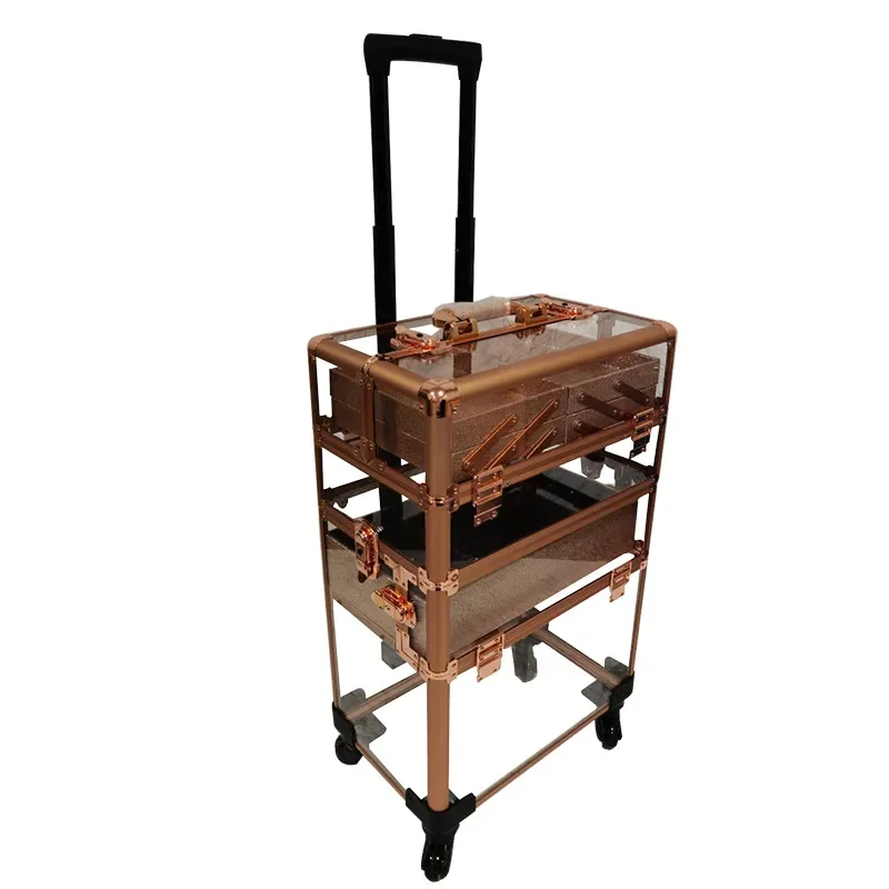 acrylic rose gold, trolley cosmetic case, premium double layer, tattoo embroidery manicure, door-to-door beauty toolbox.