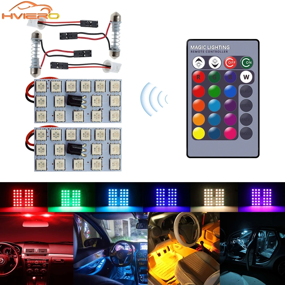 2pcs T10 LED RGB Interior 12V 5050 SMD Decorative Trunk Lamp Remote Control Multicolor Car Panel Dashboard Dome Reading Lighting