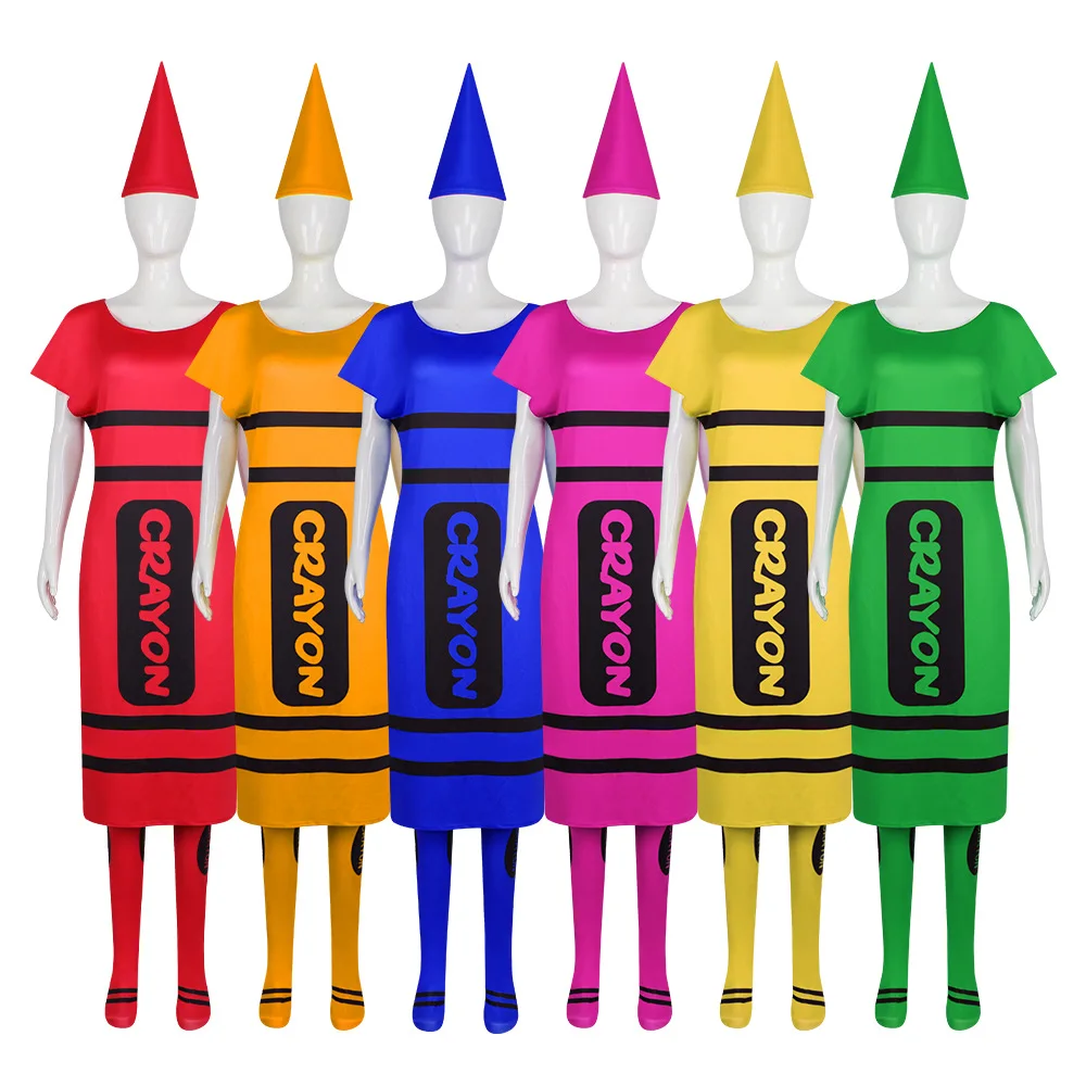 Halloween Women Crayon Cosplay Outfit Full Set Short Sleeve Dress Cone Hat Stockings Funny Group Party Uniform Fancy Costume
