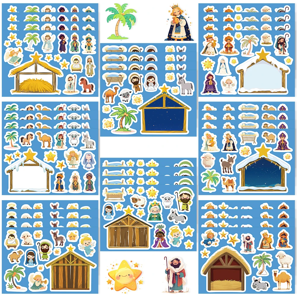 8/16/32Sheets Cartoon Scence Of Child Jesus DIY Puzzle Stickers Dress Up Game Funny Assemble Stickers Kids Creative Toys Gifts