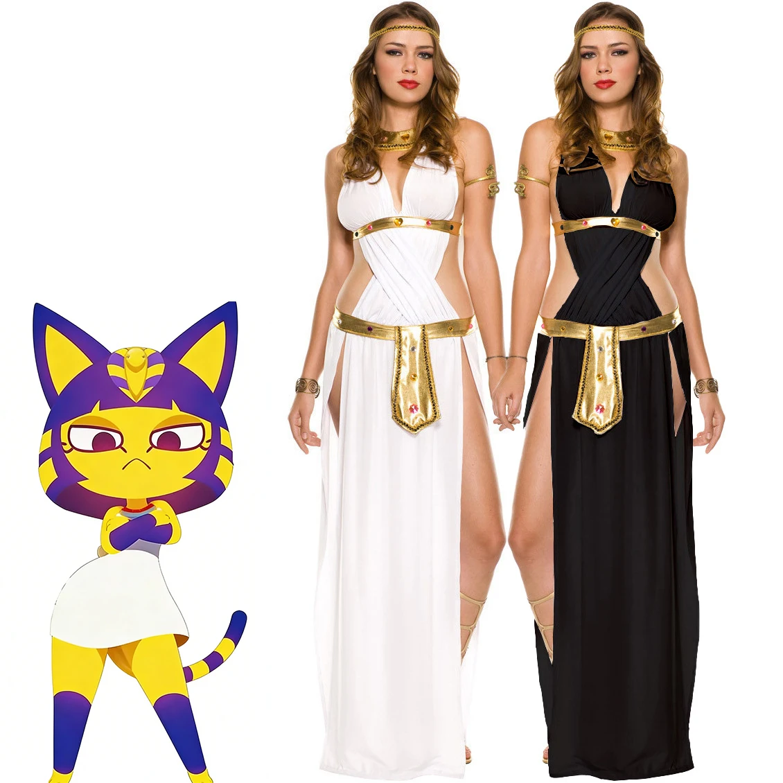 Ancient Egyptian Queen Inspired Ankha Cosplay Costume Set, White/Black Goddess Dress Gold Accents for Halloween & Themed Parties