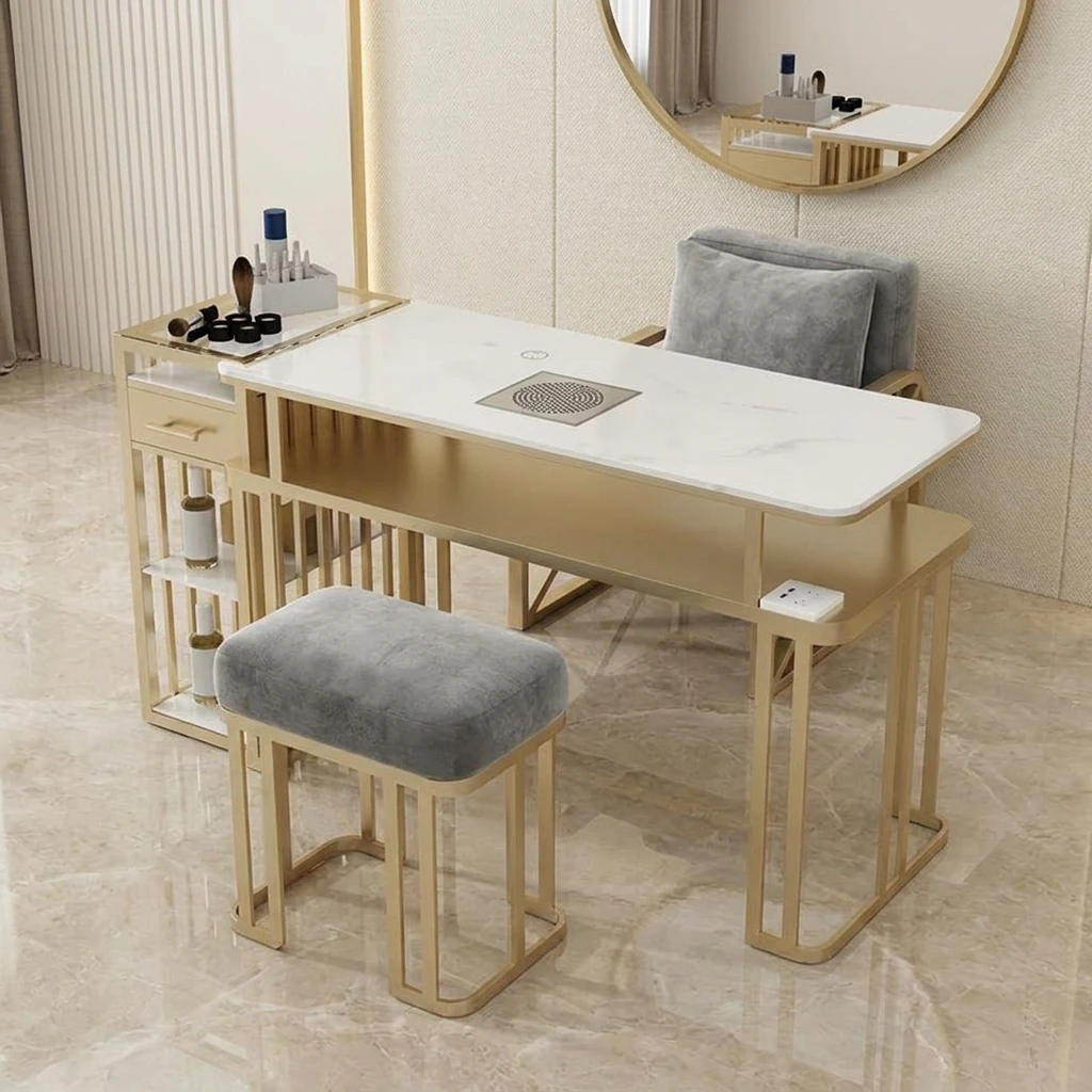 Contemporary Nail Tables and Chair Set with Vacuum Cleaner Marble Professional Manicure Table with LED Light Premium Salon