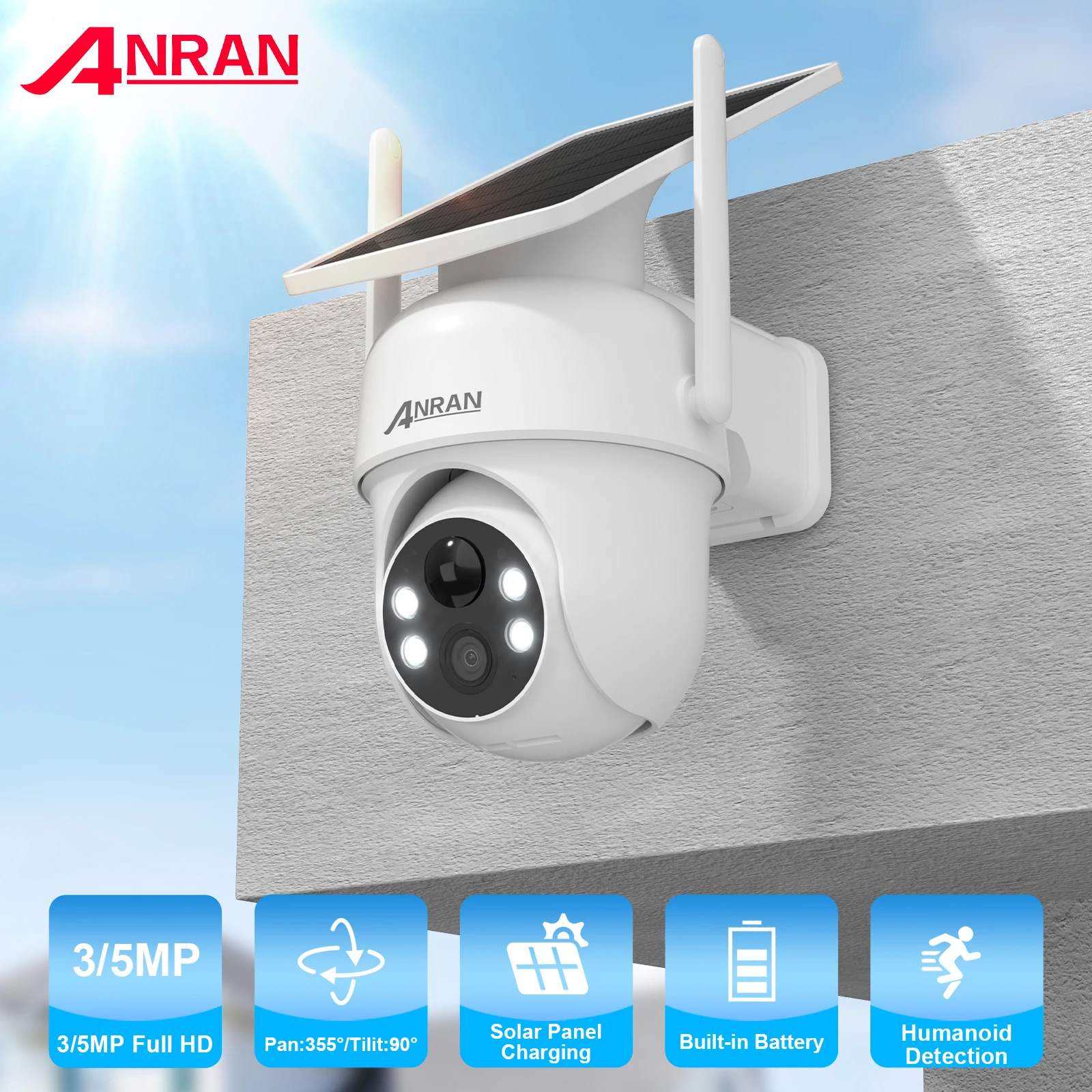 ANRAN 2K 3/5MP Solar Camera 2.4G Wifi Surveillance Security Cameras Home Protection Sloar Battery Cameras PIR Humanoid Detection