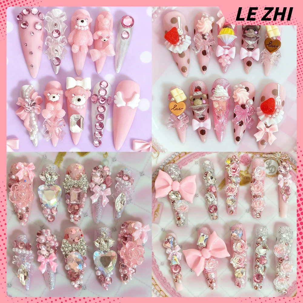 10Pcs Y2K Spice Girl Handmade Long Stiletto Wearable Press On Nail Cartoon Bear Bowknot Diamond Flower Pearl Ice Cream Fake Nail
