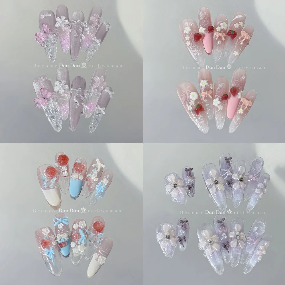 Sweet Princess French Shining Bowknot Flower Long Almond Nail Patch 3D Diamond Pearl Puppy Strawberry Fake Nail Party Stickers