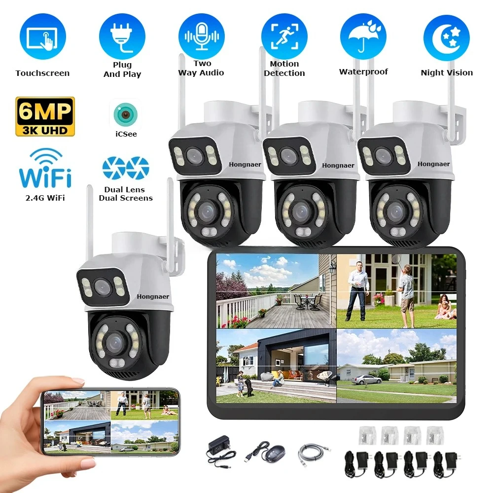 Hongnaer 6MP 4CH Dual Lens Home IP Surveil Security Camera System Kit ICSee Touchscreen LCD NVR Wireless WiFi CCTV Camera System