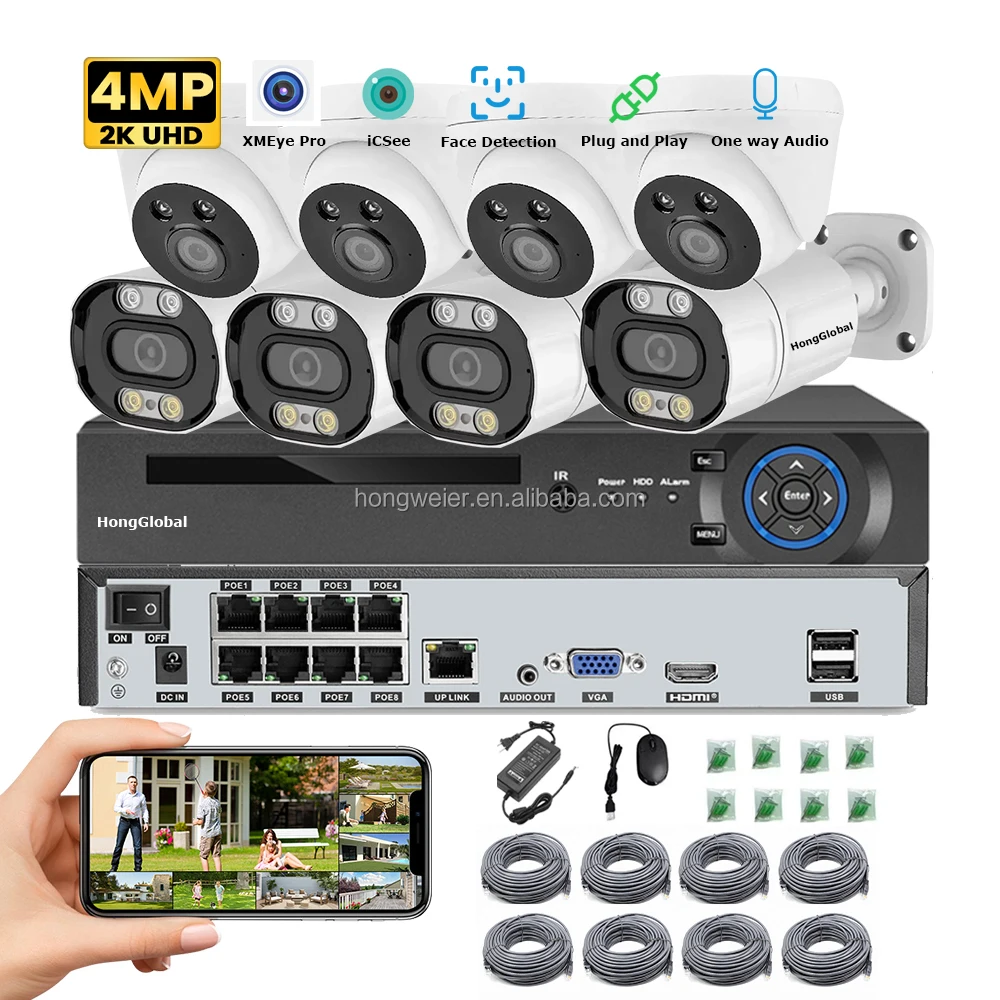 HongGlobal 4MP 8CH 2K Network Video Recorder POE NVR Home Security Camera Set Kit IP Surveil System Wireless CCTV Camera System