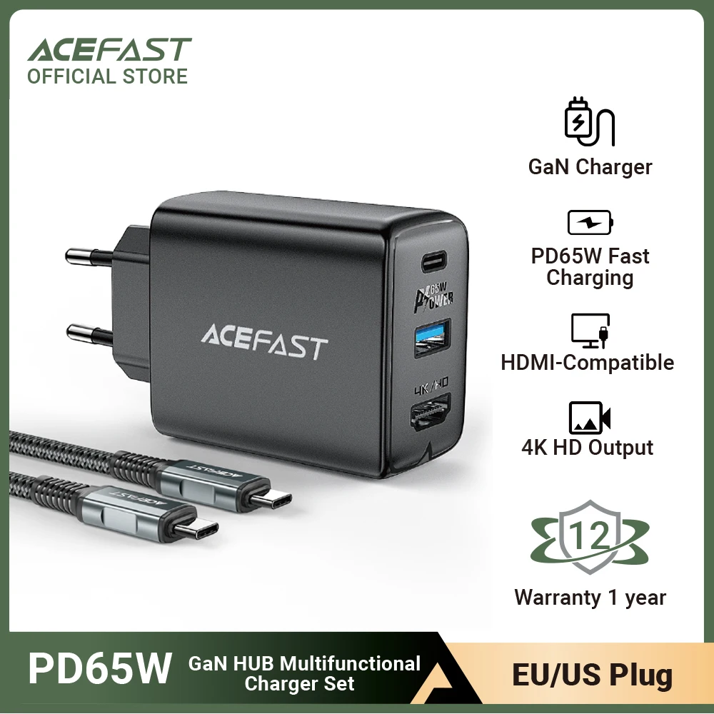 ACEFAST Portable GaN 65W Fast Charger 4K/60Hz HDMI-Compatible TV Docking Station For Switch 3Ports Type C QC3.0 Notebook Charger