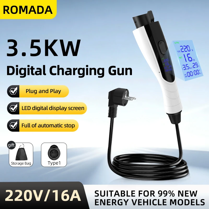 NEW ROMADA 3.5KW 16A Portable EV Charger with 3M-10M Cable SAE J1772 TYPE 1 EVSE EU Plug Safe Charging for Electric Vehicles