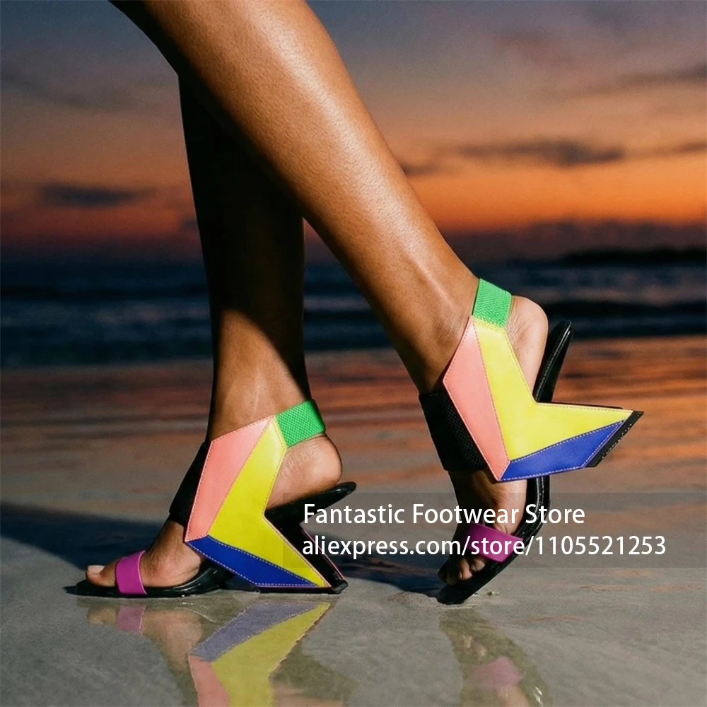 Multicolor Color Blocking Asymmetrical Heel Sandals Elastic Ankle Strap Open Toe High Heel Sandals Summer Festival Heel Sandals