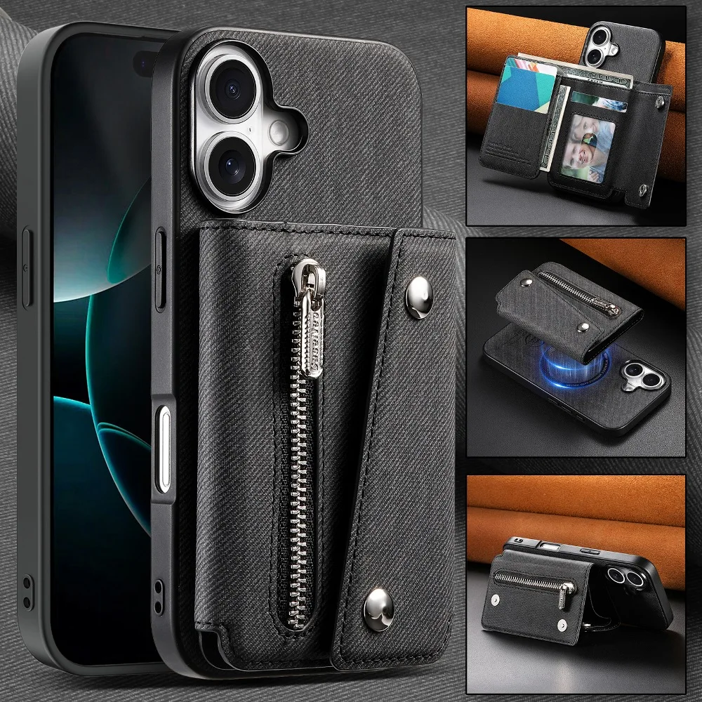 Magnetic Phone Cover for iPhone 17 Air 16e 15 14 Plus 13 12 11 Pro Max with Detachable Back Magnetic Wallet Card Case