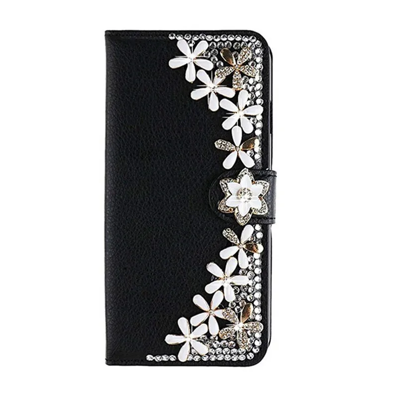 Bling Diamond Rhinestone Flower Case for iPhone 11 12 13 14 15 16 Pro Max XR XS 7 Case Black Leather Magnetic Flip Wallet Cover