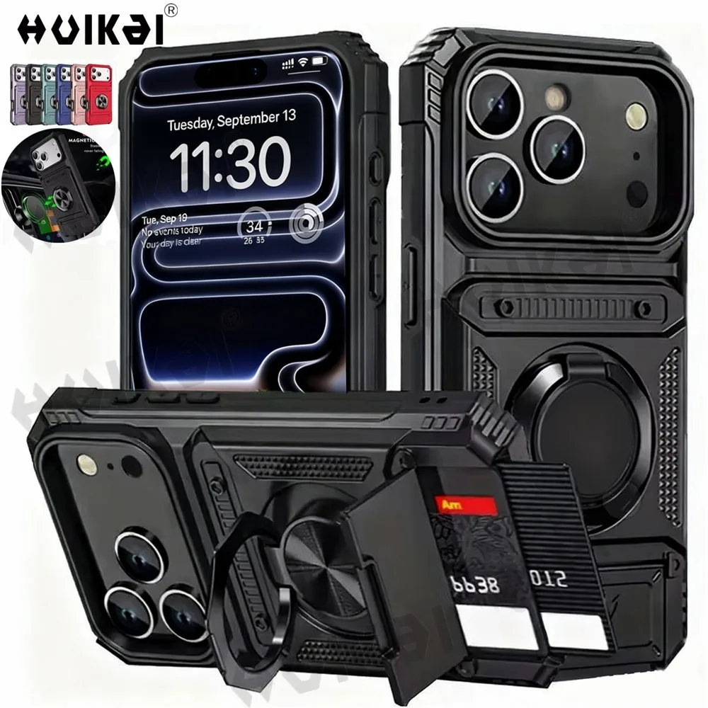 Case For iPhone 17 Pro Max 16 Pro 15 Pro Max 14 Card Holder Magnetic Rotated Ring Kickstand Layer Heavy Shockproof Wallet Covers