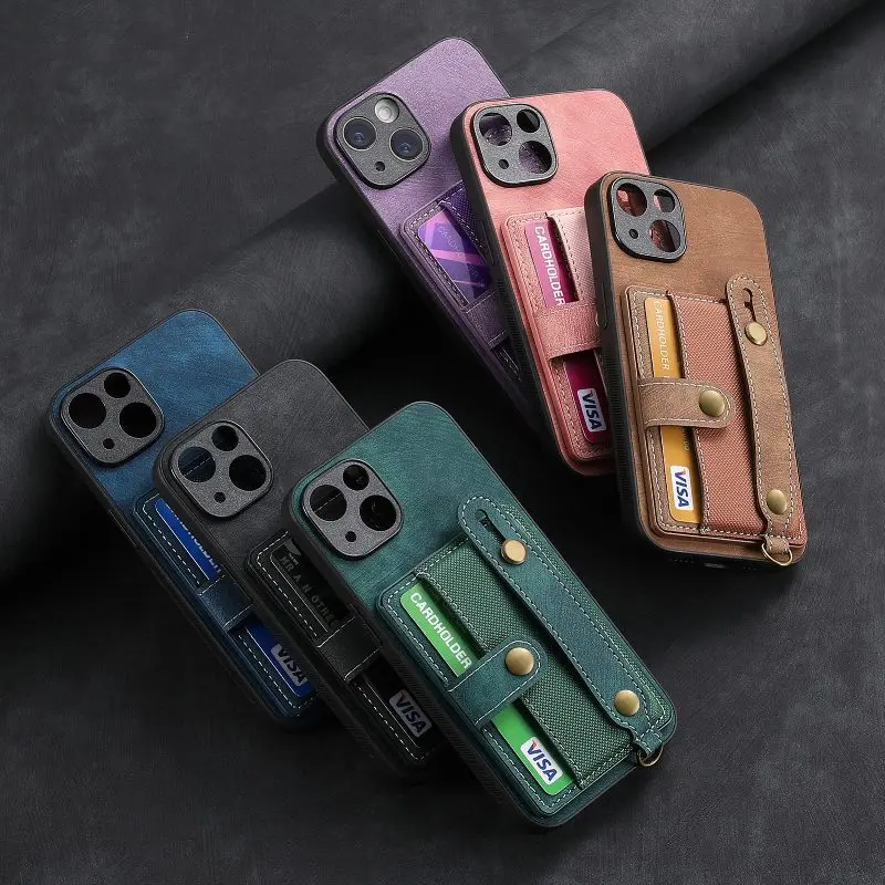 The Back Wrist Strap Leather Wallet Card Phone Case For iPhone 15 14 Plus 13 12 11 Pro XR X XS Max SE 8 7 6 Plus Phone Cover
