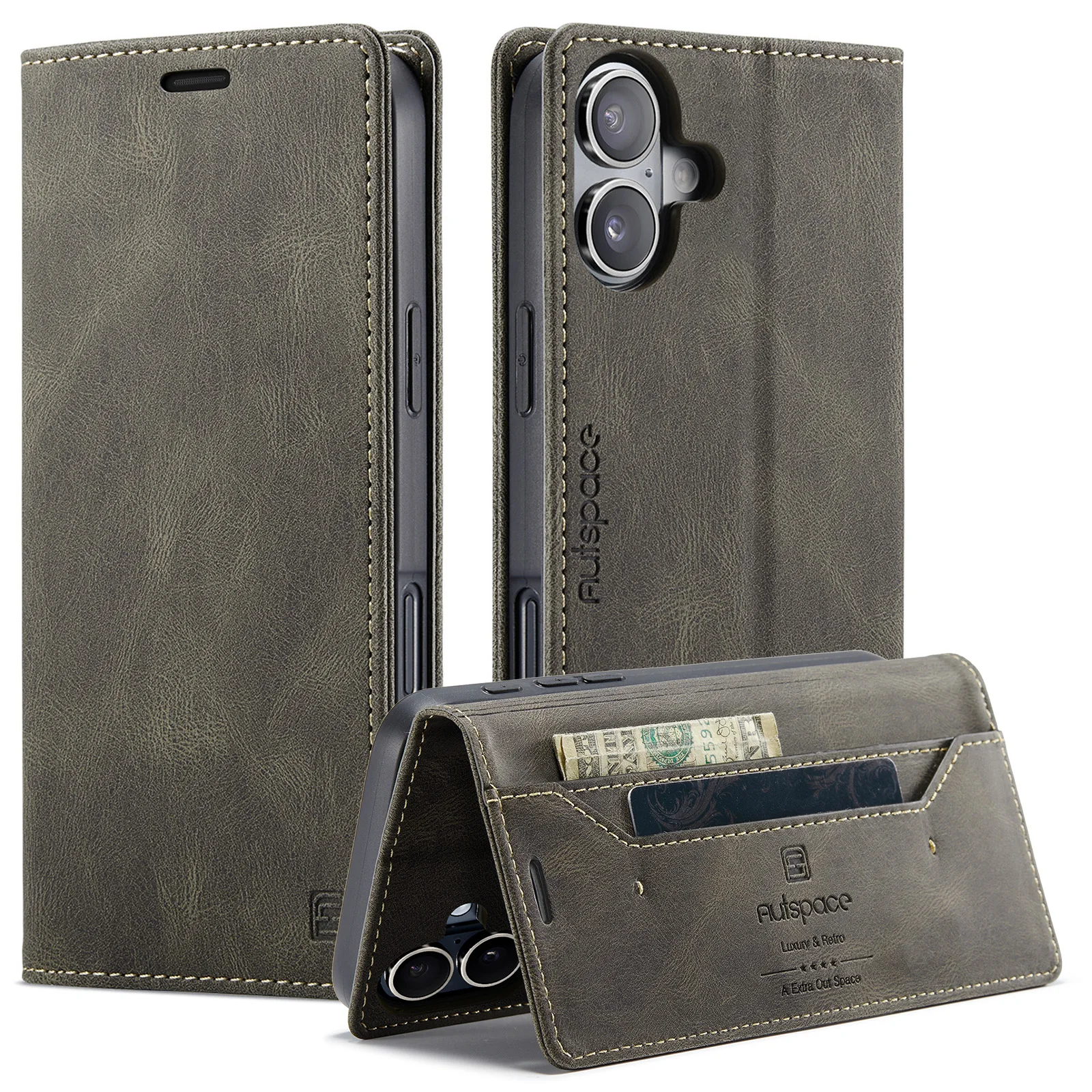 AUTSPACE Luxury Skin Feel Retro Leather Case for iPhone 16/16 Pro/16 Plus/16 Pro Max RFID Blocking Magnetic Closure Flip Cover