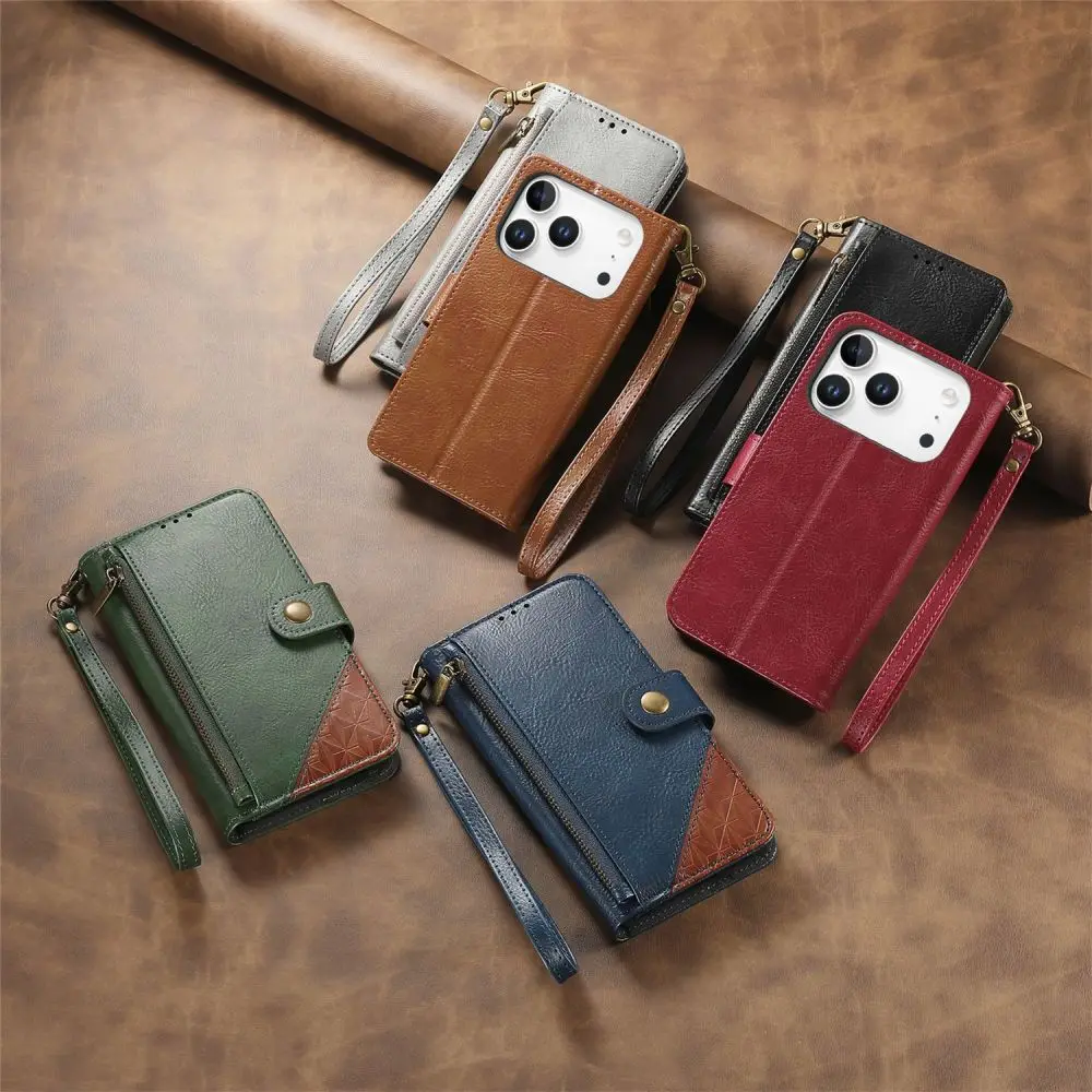 Fashion Solid Color Leather Wristband Flip Cover for iPhone Air 17e 16e 15 14 Plus 13 12 Pro Max with Built-in Wallet Card Slots