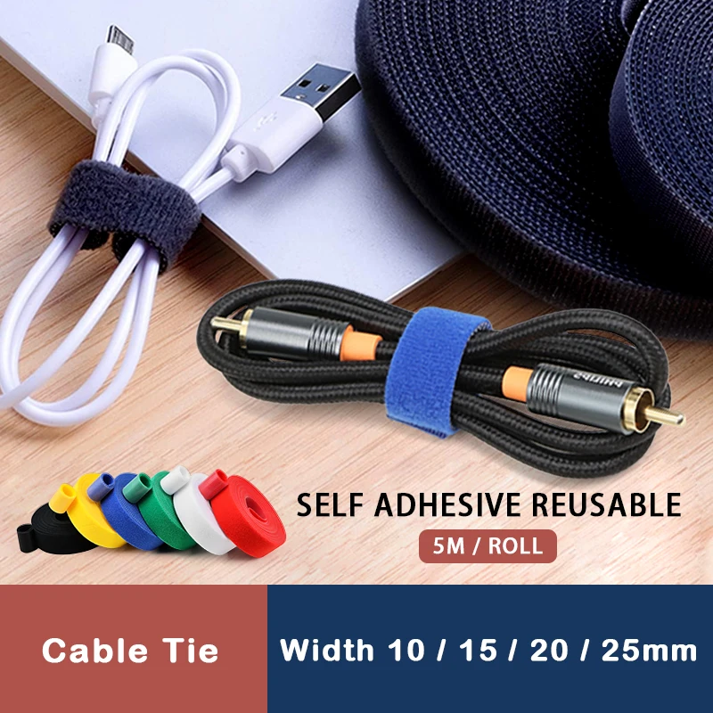 Cable Organizer USB Cable 10/15/20/25mm Winder Management Nylon Free Cut Ties 5M/Roll Mouse earphone Hook Loop Tape 1~30Rolls