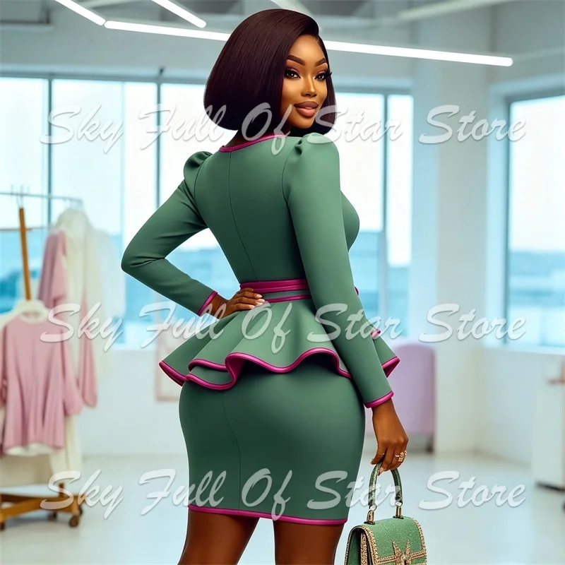 Green Women Suit Set 2 Pcs Puff Sleeve Peplum Blazer Belt Pencil Midi Skirt Custom Formal Evening Wedding Business Lady Jacket