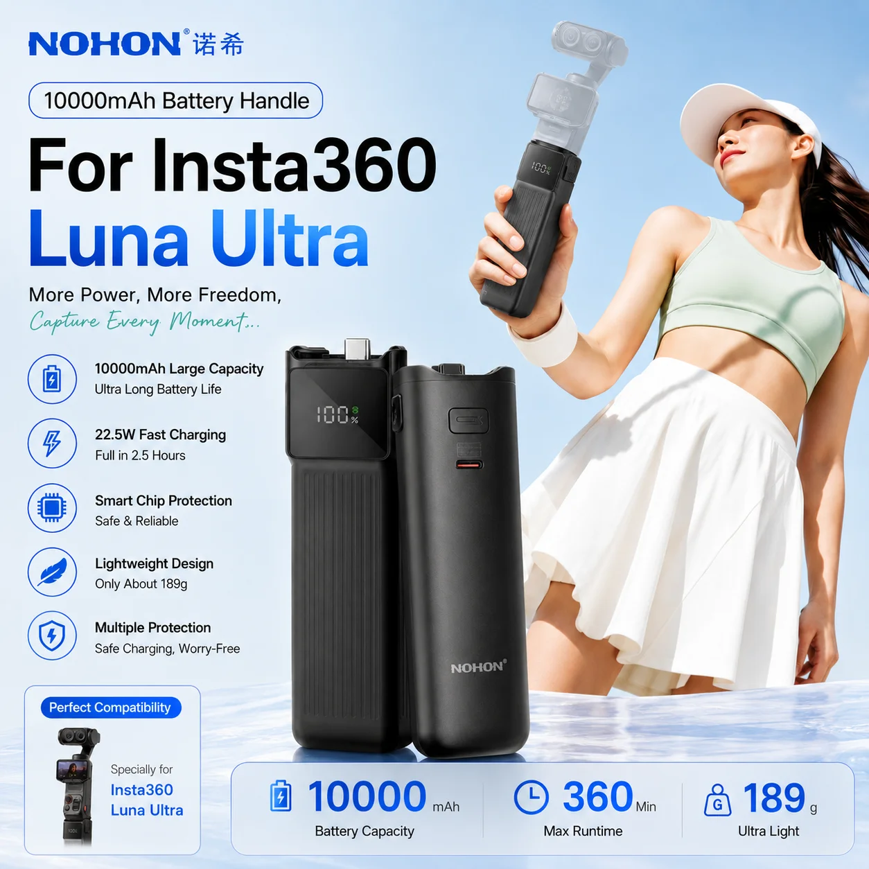 NOHON 10000/5000 mAh for Insta360 Luna Ultra Battery Handle With Tripod 22.5W Fast Charging Type-C Power Grip Camera Accessory