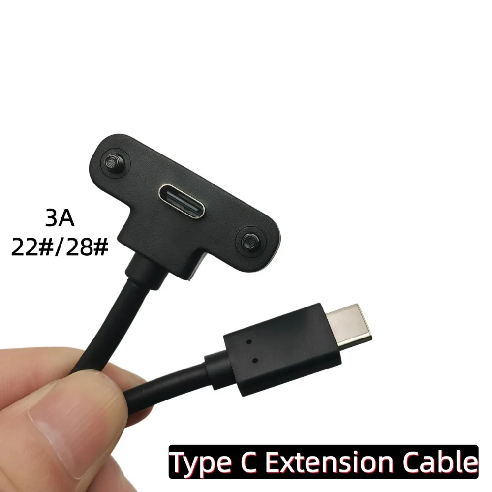 USB Type C Male to Female 90° Angle Panel Mount Screw Connector Data Power Charger Cable for Laptop Tablet Mobile Phone 0.3M