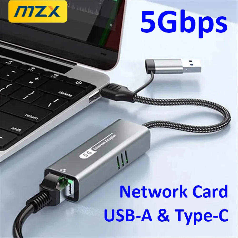 MZX 5000Mbps 5G Network Card USB A Type C to RJ45 Adapter Wired Networking Ethernet Lan Converter Hub Laptop PC Accessories