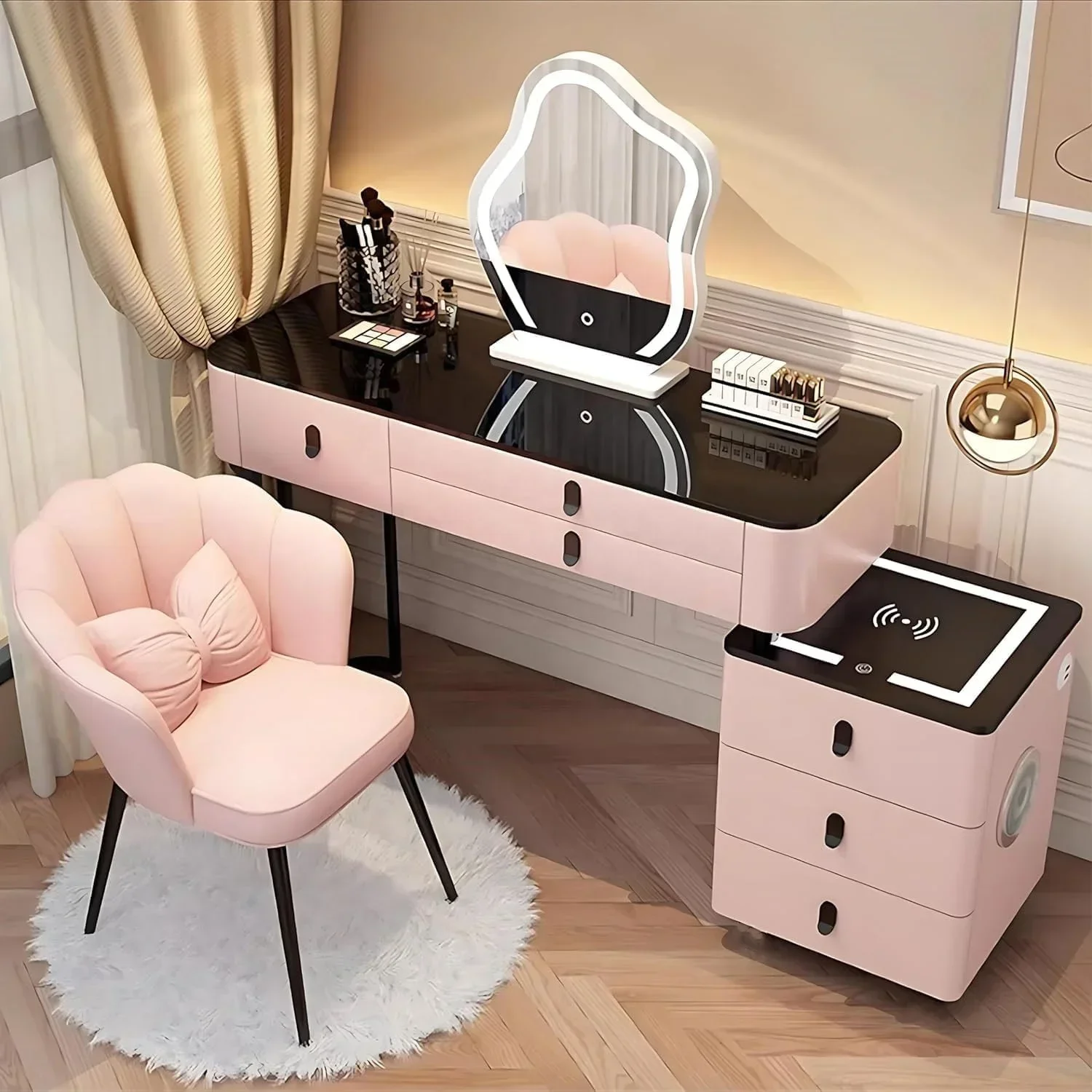 #Smart Bedroom Furniture Modern Simple Multi-functional Solid Wood Dressing Makeup Vanity Table With Wireless Charging