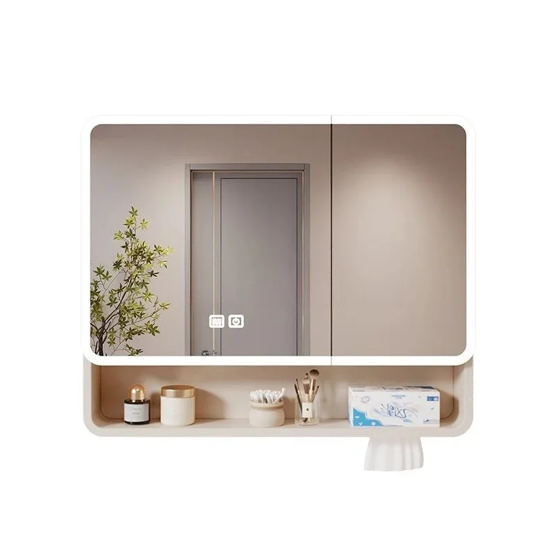 Space aluminum raised circular arc bathroom mirror cabinet, wall mounted smart bathroom with light strip and beauty storage