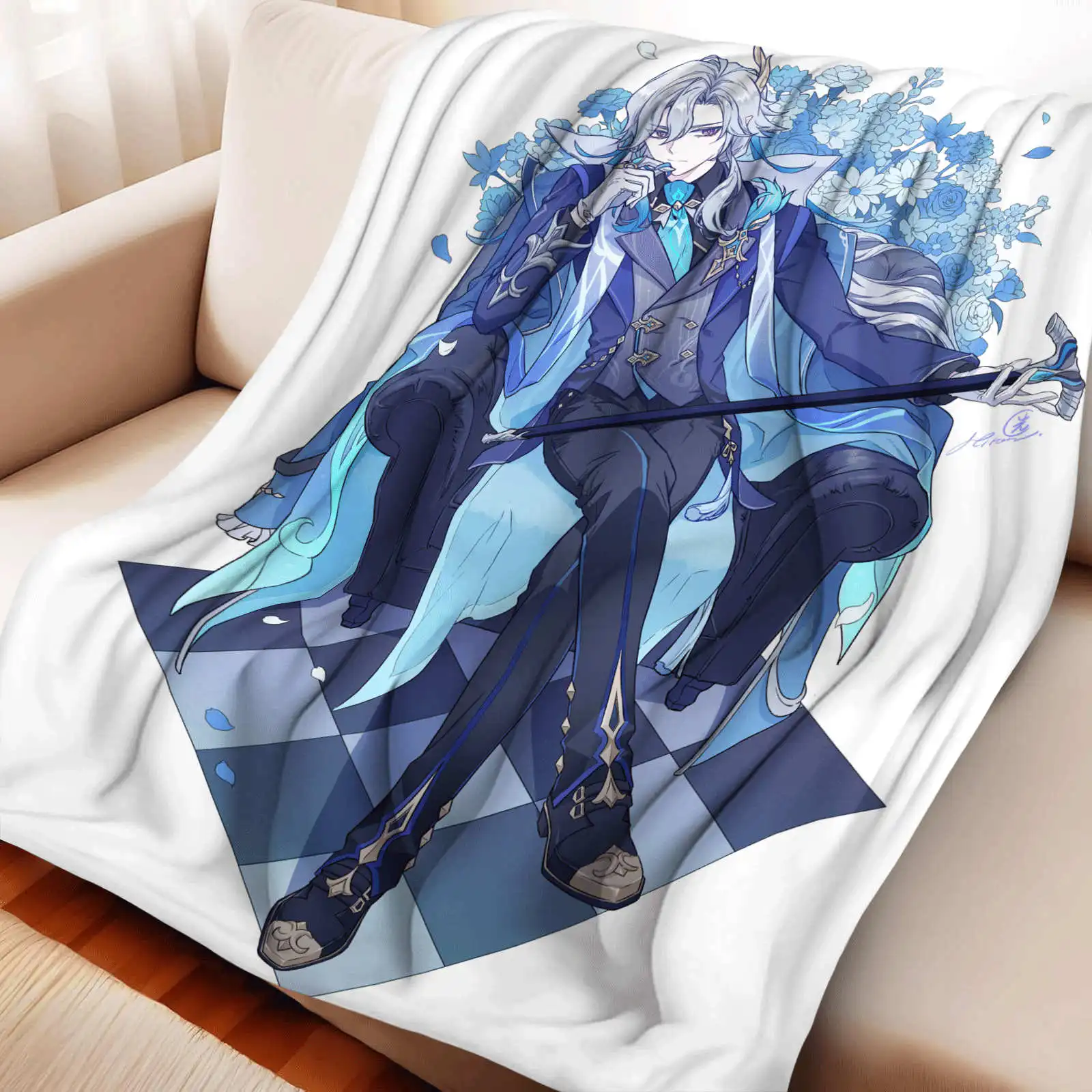 Genshin Impact Flannel Blanket - Fantasy Anime Style Polyester Flannel Fleece, Soft and Cozy All-Season Knitted Lodge Decor