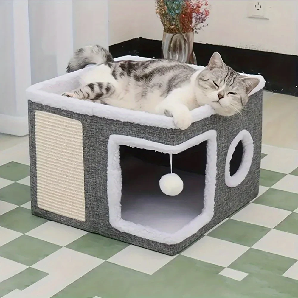 4-Season Multi-Level Cat House Foldable Scratching Board & Non-Slip Bed Cats Base Big Capacity  Pet Bed Cat Cave Cat Accessories